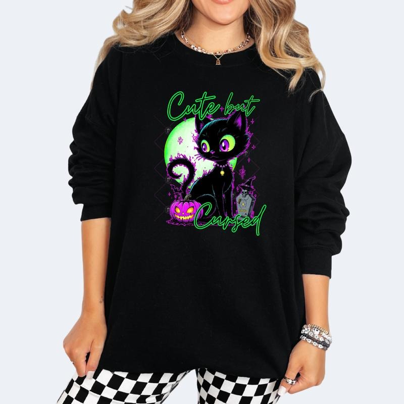 Cute But Feral Halloween Streetwear Style Crewneck Sweatshirt T Shirt or Hoodie Grunge Aesthetic Pullover Retro Vibes Casual Comfort Skulls Cotton Fit Vintage Womenswear Graphic Piece Tops