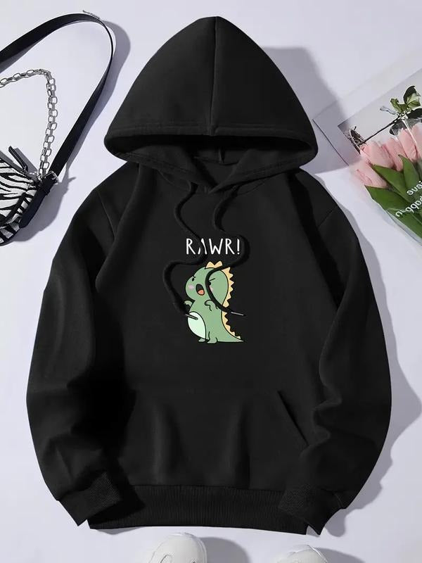 Cute Cartoon Dinosaur Print Hoodie, Casual Hooded Sweatshirt For Winter & Fall, Women's Clothing Hoodie and Sweater; T-shirt Cotton Womenswear Light Polyester Solid Tops