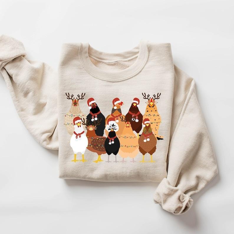Cute Christmas Chickens Sweatshirt, Christmas Farm Animal Sweatshirt, Chickens Lover Sweater, Funny Holiday Sweater, Christmas Chickens Gift Hoodie and Sweater; T-shirt Cotton Menswear