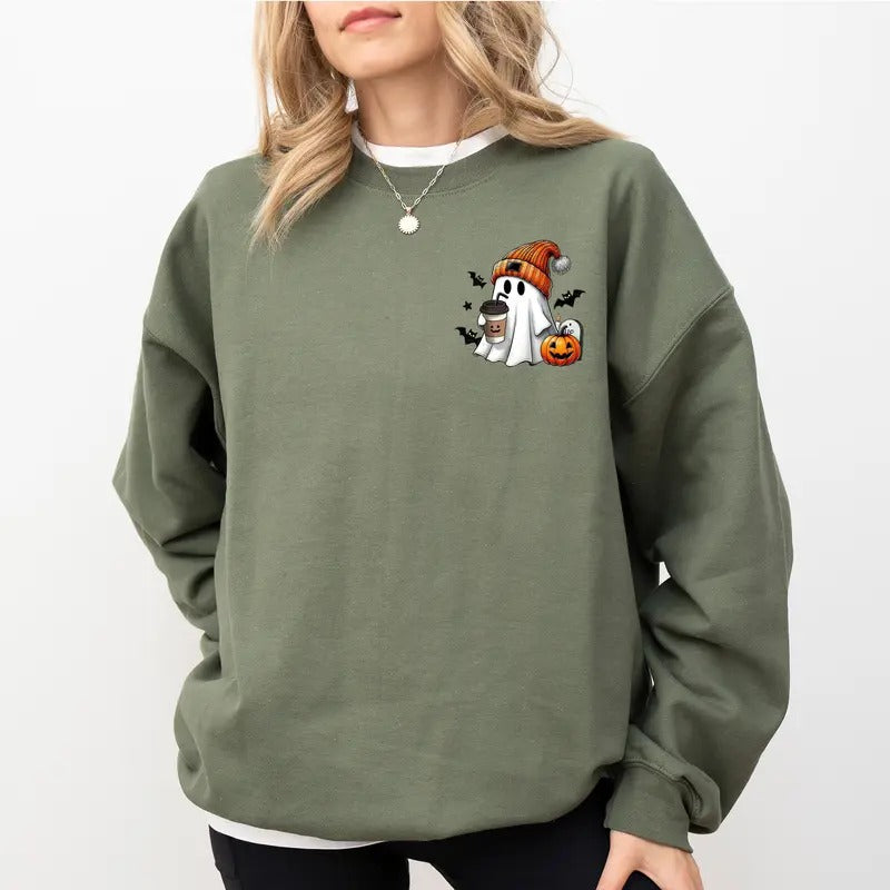 Cute Coffee Ghost Sweatshirt, Little Pumpkin Ghost Coffee Crewneck for Women, Spooky Season Sweatshirt for Girls, Halloween Ghost Sweater, Coffee Lover Gift, Fall Autumn Casual Womenswear, Comfy Cotton Long Sleeve Pullover, Unhighed Fit Chic Women's Tops