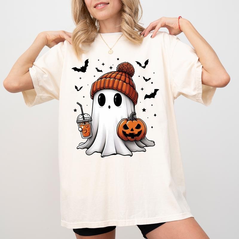 Cute Ghost Coffee Shirt, Ghost Drinking Ice Coffee T-shirt, Halloween Ghost Tshirt, Fall Autumn Shirt for Girl, Coffee Lover Gift Shirt, Spooky Season Tee, Oversized Womenswear, Comfy Cotton Fabric Graphic Tee, Casual Women's Tops, Relaxed Fit Chic Style