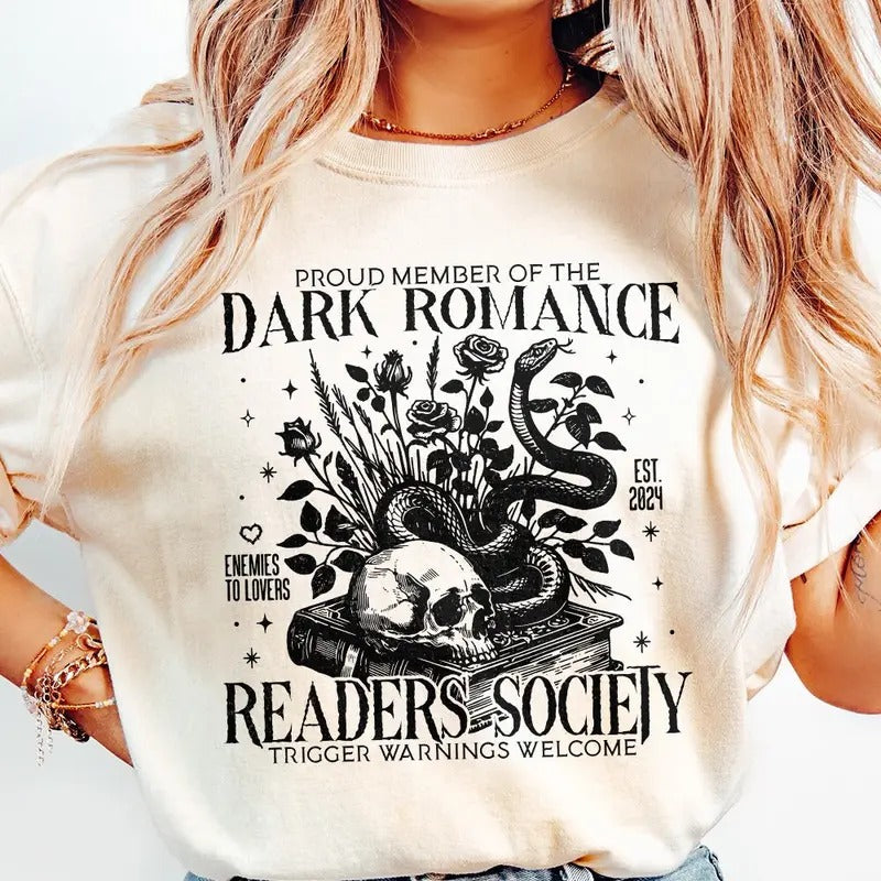 Dark Romance Readers Society T-Shirt, Book Lover Sweatshirt, Bookish, Smut Lover Gift, Dark Romance Book, Spicy Book Lover, Morally Grey Unisex Soft Crewneck Short Sleeves Graphic Fabric Tee