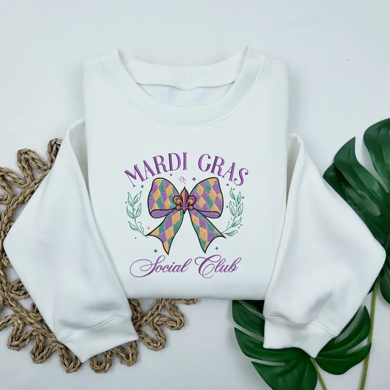 Embroidered Coquette Mardi Gras Sweatshirt, Mardi Gras Social Club Embroidered Crewneck Sweatshirt