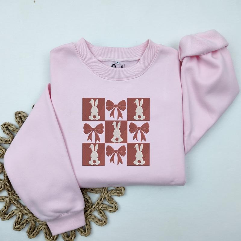 Embroidered Easter Bow Sweatshirt, Trendy Coquette Easter Sweatshirt, Women's Easter Bunny Crewneck, Cute Spring Rabbit Sweaterstyle{n002}2