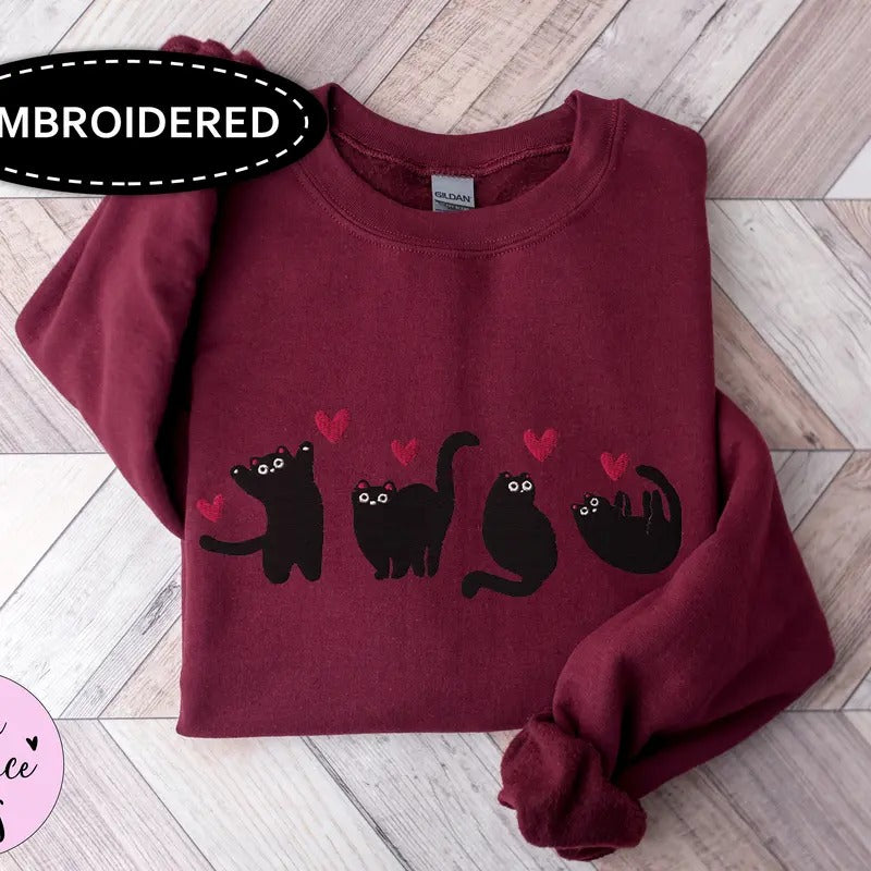 Embroidered Valentines Cats Sweatshirt, Funny Valentines Day Sweatshirt, Valentines Crewneck