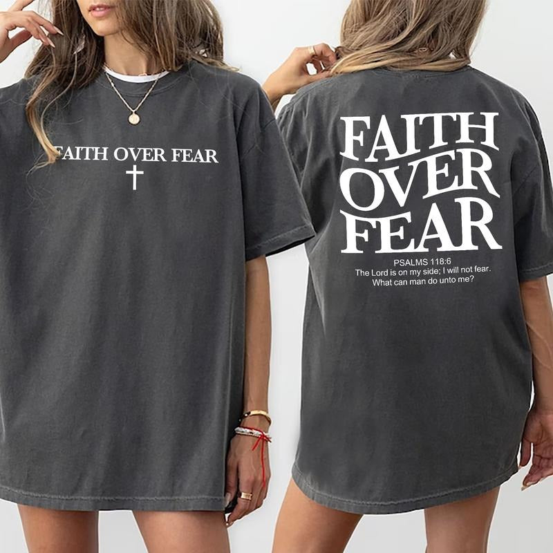 Faith Over Fear Shirt, Christian Double Sided Graphic Printed Tee, Jesus T-shirt, Religious Tee Women, Bible Verse Shirt
