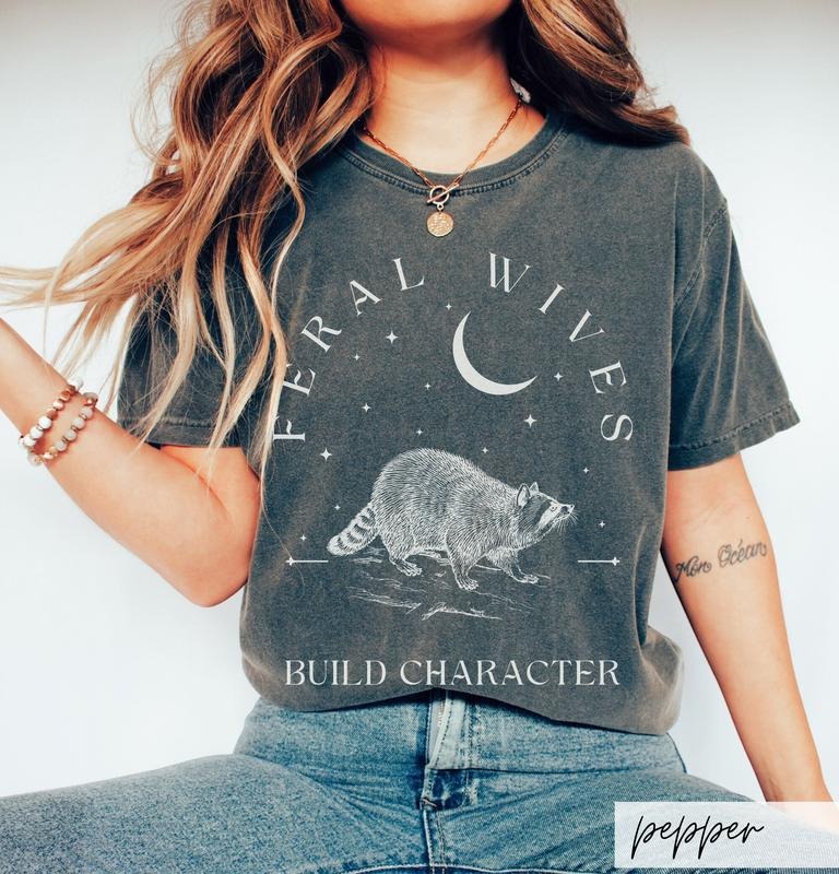 Feral Wives Build Character Shirt, Raccoon Lover New Wife Shirt, Vintage Raccoon Art Crescent Moon Tee, Whimsigoth Bride Tee
