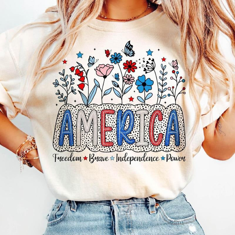 Floral America Shirt, Floral Brushstroke USA Shirt, Retro America , 4th Of July , 4th Of July Sublimation Design, Patriotic , Girly