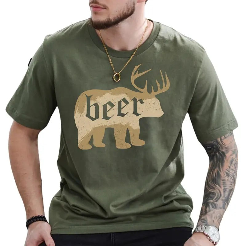 Funny Beer and Deer Hunting Shirt for Men, Buck Hunt Graphic Tops, Outdoor Adventure Hunter T-shirt, Hunting Gift Ideas for Husband, Classic Menswear