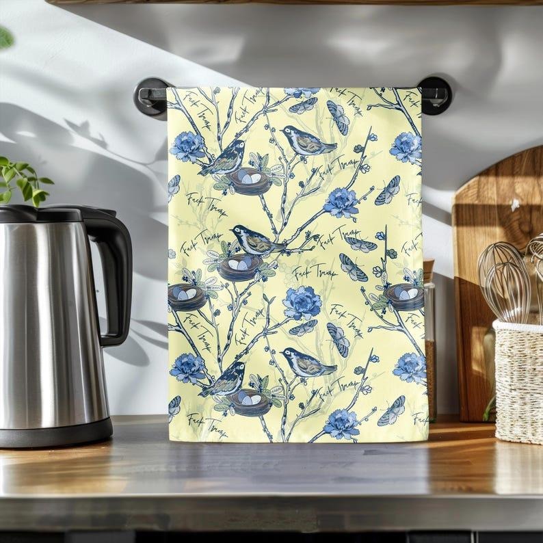 Funny Subtle F Trump Chinoiserie French Toile Tea Towels, Anti Trump Mother's Day, Kitchen Decor, Housewarming Gift, Cotton Or Poly Blend