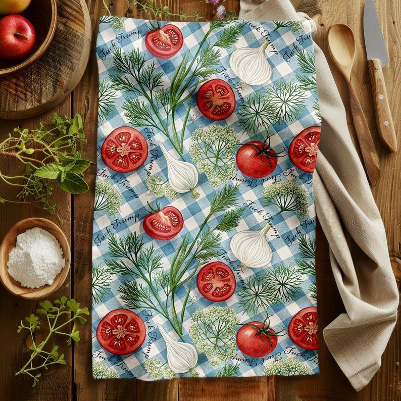 Funny Subtle F Trump Fennel, Dill, Tomato Tea Towels, Anti Trump Salad Mother's Day, Kitchen Decor, Housewarming Gift, Cotton Or Poly Blendstyle{n002}4