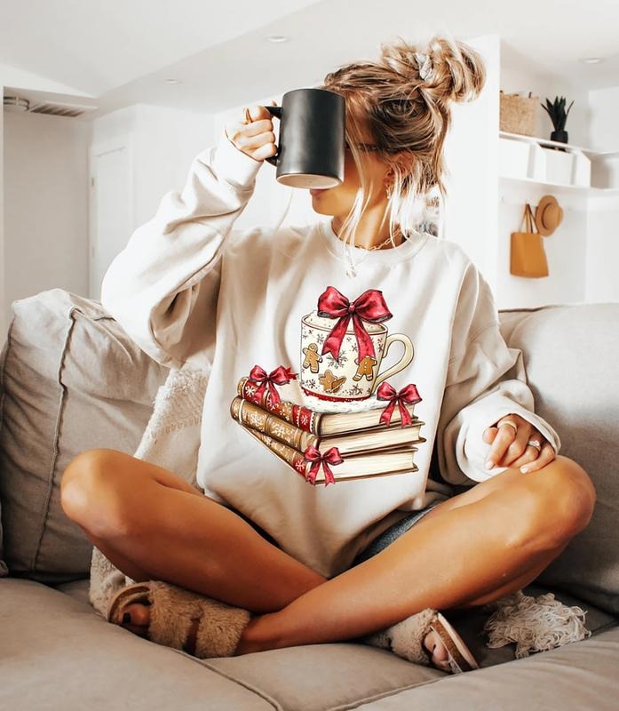 Gingerbread Christmas Shirt, Coquette Bow Christmas Sweatshirt, Coquette Bookish Christmas Tee Shirt, Book Xmas Sweater, Librarian Gift