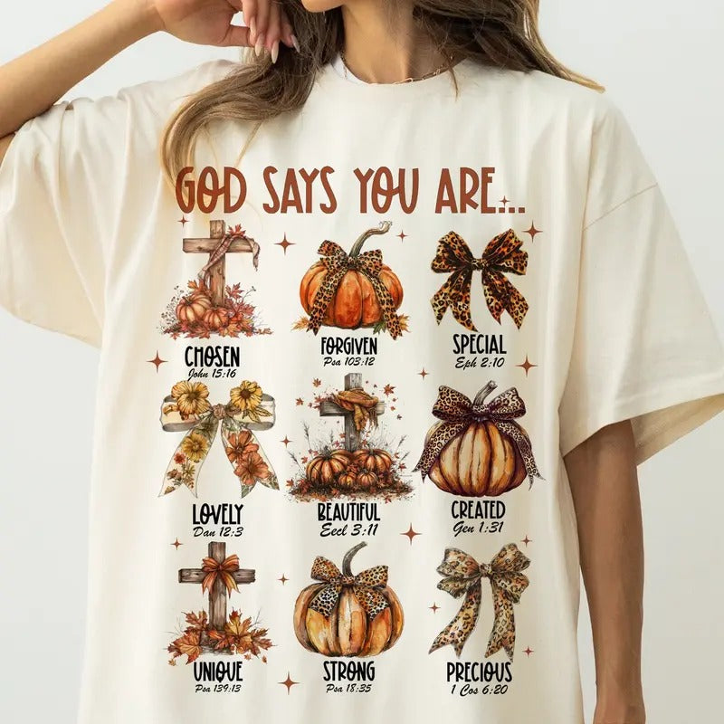 God Says You Are Shirt, Fall Coquette Bow Sweatshirt, Christian Fall T-Shirt, Autumn Pumpkin Shirt, Cross Christian Shirt Cotton Crewneck
