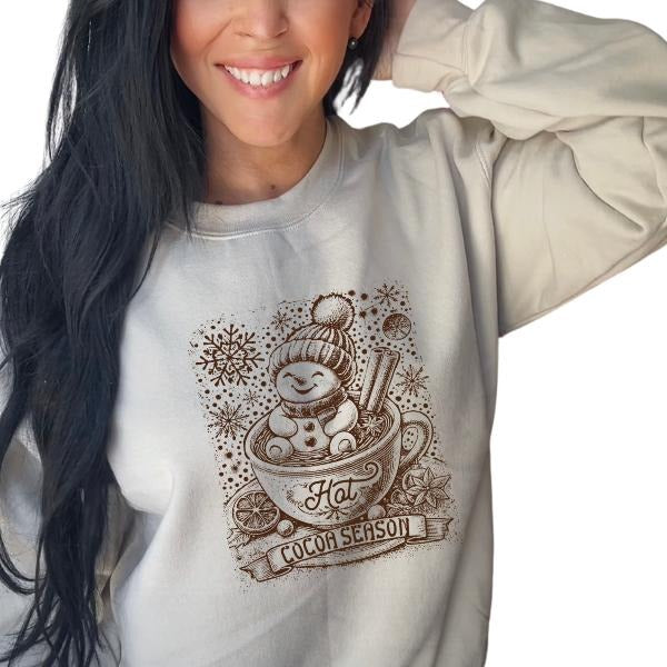 'Hot Cocoa Cute Snowman in Cup' Hot Cocoa Season Sweatshirt | Vintage Christmas w/ Grunge Aesthetic Pullover Retro | Sarcastic Graphic Tops
