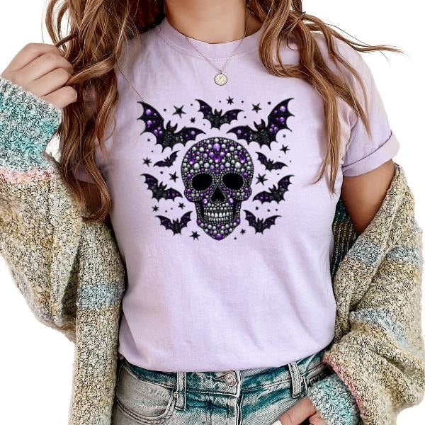 Grunge Alt Aesthetic Faux Rhinestone Skull with Bats Graphic Tee - Halloween Dark Vibes | Purple & Black Sparkle Skull Design | Spooky, Edgy Style for Halloween | Sizes S-5XL | Perfect for Alternative Fashion Lovers Seeking Unique, Gothic-Inspired Apparel