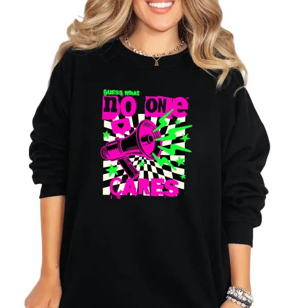 'Guess What? No One Cares' Streetwear Style Crewneck Sweatshirt, T Shirt, or Hoodie | Grunge Aesthetic Pullover Retro Vibes | Casual, Comfort, Skulls