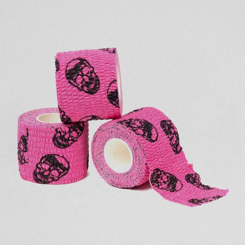 Gymreapers Skull Tape - Pink - Heavy-Duty Woven Adhesive - 3-Pack of 5 Yards per Roll - Premium Quality Sports Tape