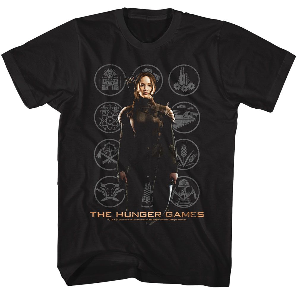 Hunger Games - Katniss With Districts - American Classics - Solid Black Adult Short Sleeve T-Shirt