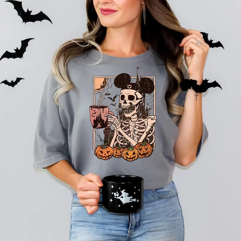 Halloween Skeleton Coffee Shirt, Retro Vintage Halloween Shirt, Halloween Women's Shirt