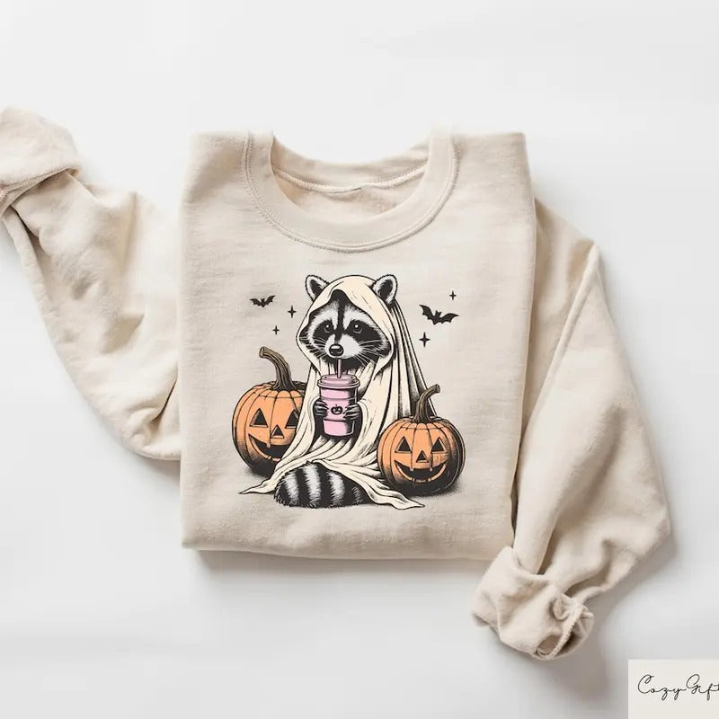 Halloween Sweatshirt, Cute Raccoon Ghost T-Shirt, Spooky Season Gift Cotton Menswear