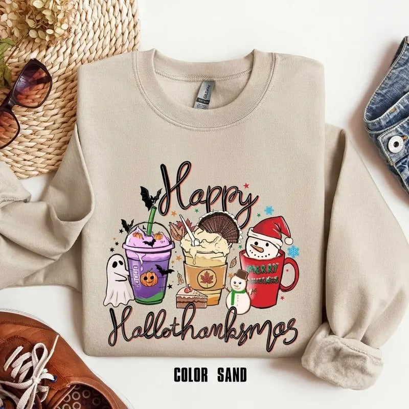 Happy Hallothanksmas Sweatshirt , Christmas Sweatshirt, Thanksgiving Shirt, Christmas Shirt, Coffee Pumpkin Spice Iced, Snowmen Sweatshirt