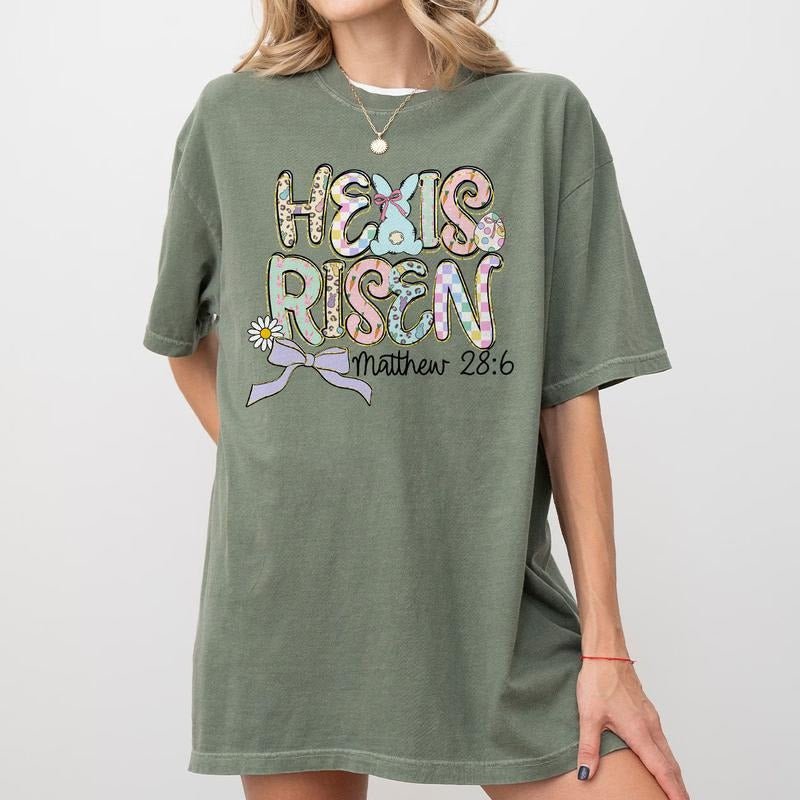 He Is Risen Easter Shirt, Matthew 28:6 Christian Tee, Pastel Bunny and Bow Sweatshirt for Women, Faith-Based Spring Outfit