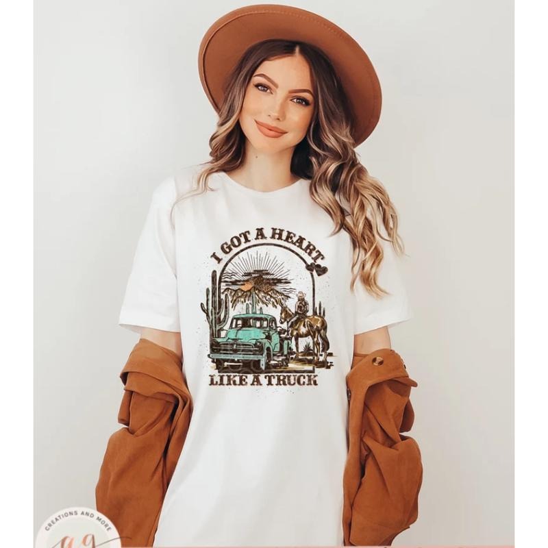Heart Like a Truck Shirt, Western Sunset Cowgirl Tee, Rodeo Graphic Shirt, Country Girl Aesthetic, Southern Country Shirt