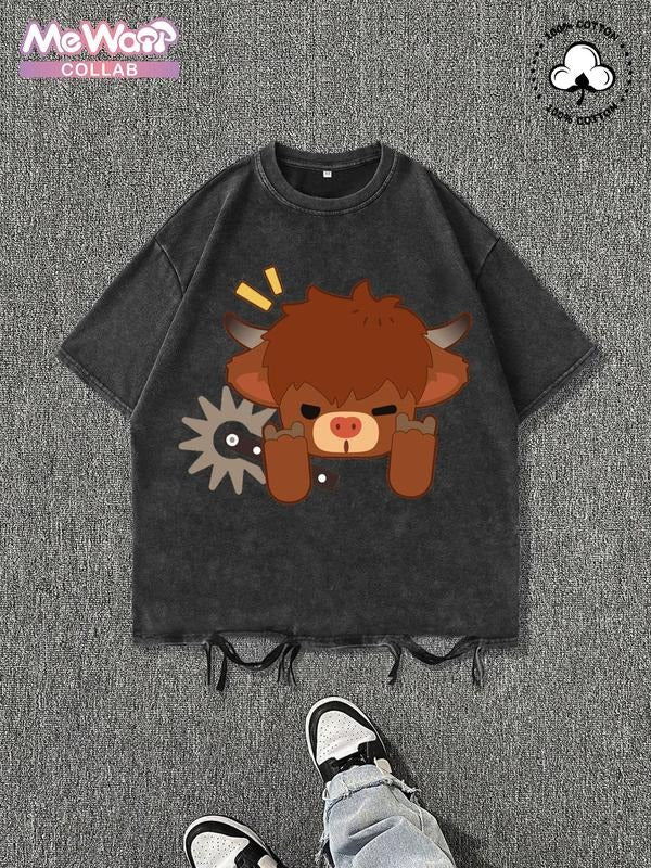 Highland Cow Kyloe 100% Cotton Street Style Graphic Print Washed Round Neck Tee Official Collab| Unisex Summer Top for Daily Wear, Cotton