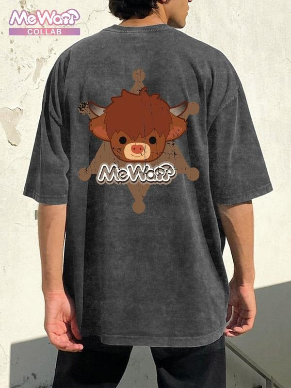 Highland Cow Kyloe Pattern 100% Cotton Street Style Graphic Print Washed Round Neck Tee, Mewaii Official Collab | Fyp Fashion Men's Short Sleeve Clothes for Daily Wear, Cotton
