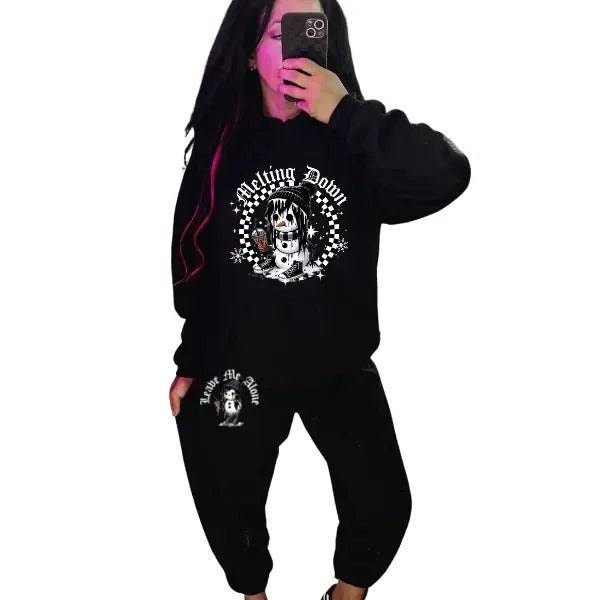 Melting Down & Leave Me Alone Emo Grunge Snowman Crewneck Sweatshirt/Hoodie & Sweatpants Set | Alt Edgy Winter Vibes | Cozy, Comfy Pullover Casual