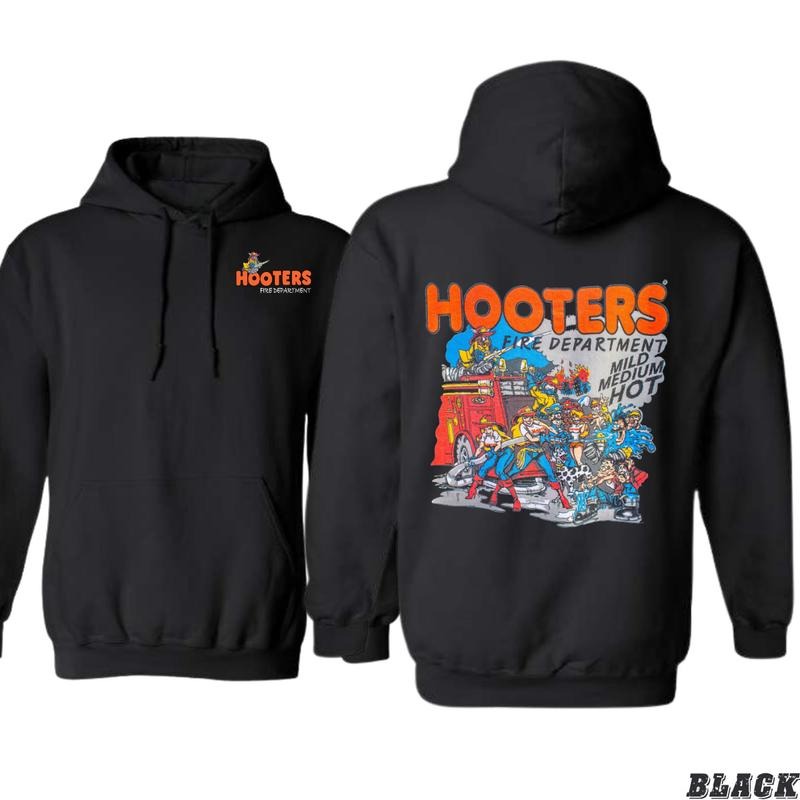Hooters Fire Department "Mild, Medium, Hot" Black Unisex Hoodie - Ideal for Fans of Fun and Casual Wear Menswear Sweaters