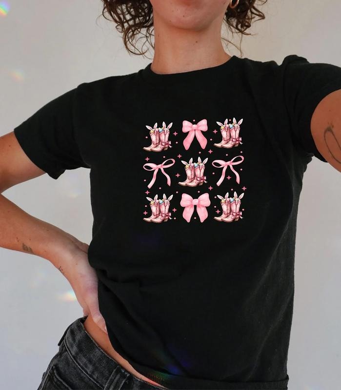 Howdy Easter Baby Tee, Cowboy Boots Easter Baby Tee, Coquette Bunny Ears Tee Shirt, Coquette Pink Bow Easter Baby Tee, Easter Bunny Shirt