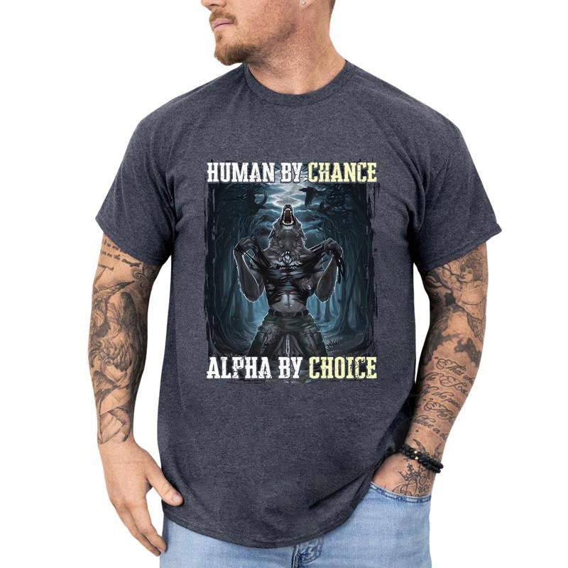 Human By Chance Alpha By Choice Shirt, Retro Alpha Wolf T-Shirt, Y2k 90s Vintage Graphic Printed Tee, Meme Shirt Gifts for Boyfriend Top Collar