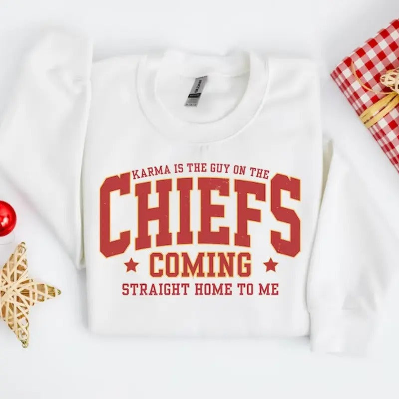 Karma is the Guy on the Chiefs Sweatshirt - Casual Long Sleeve Crewneck Pullover | Funny Women's Letter Print Sweatshirt | Fashion Casual Daily Wear