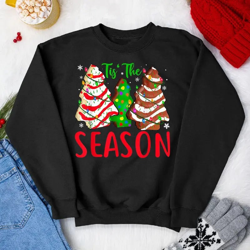 Little Tis' The Season Christmas Tree Cakes Debbie Becky Jen Sweater Gifts - Unisex Christmas Outfit Sweatshirt - Fabric, Button