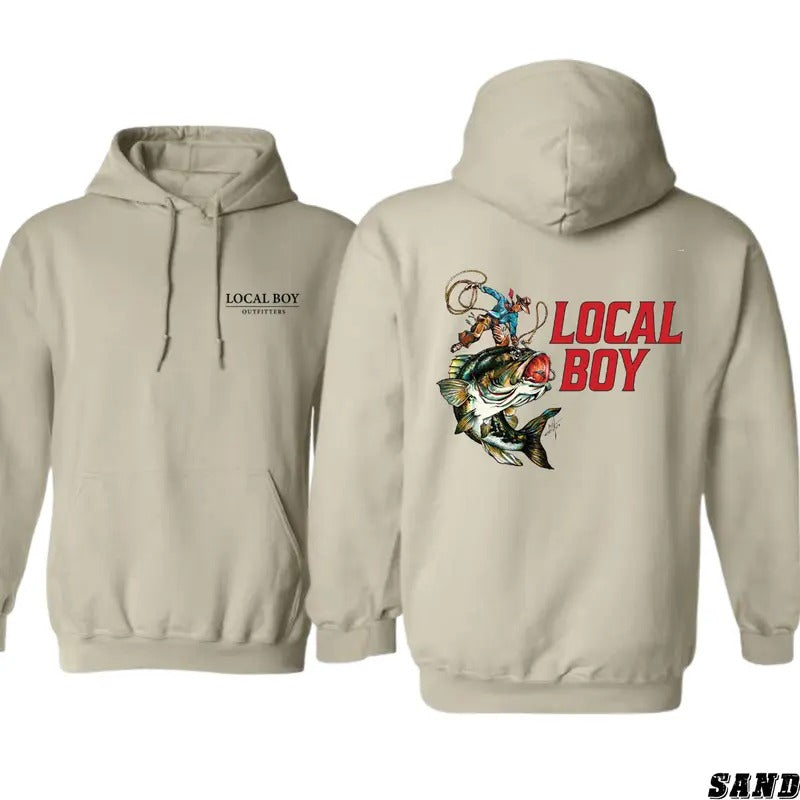 Local Boy Outfitters Hoodie - Dynamic Cowboy and Bass Fishing Graphic for Outdoor Enthusiasts, Unisex Hoodie for Comfort and Style, Ideal for Fishing Adventures, Casual Outings, and Nature Excursions, Perfect for Fishing Fans and Outdoorsmen