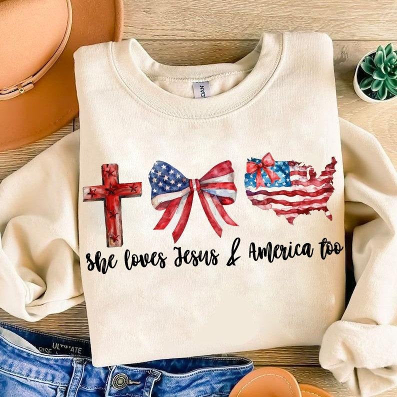 Loves Jesus and America Too, Coquette American Flag, Independence Day, Christian Cross, Freedom, Red White Blue T-shirt, sweater and Hoodie
