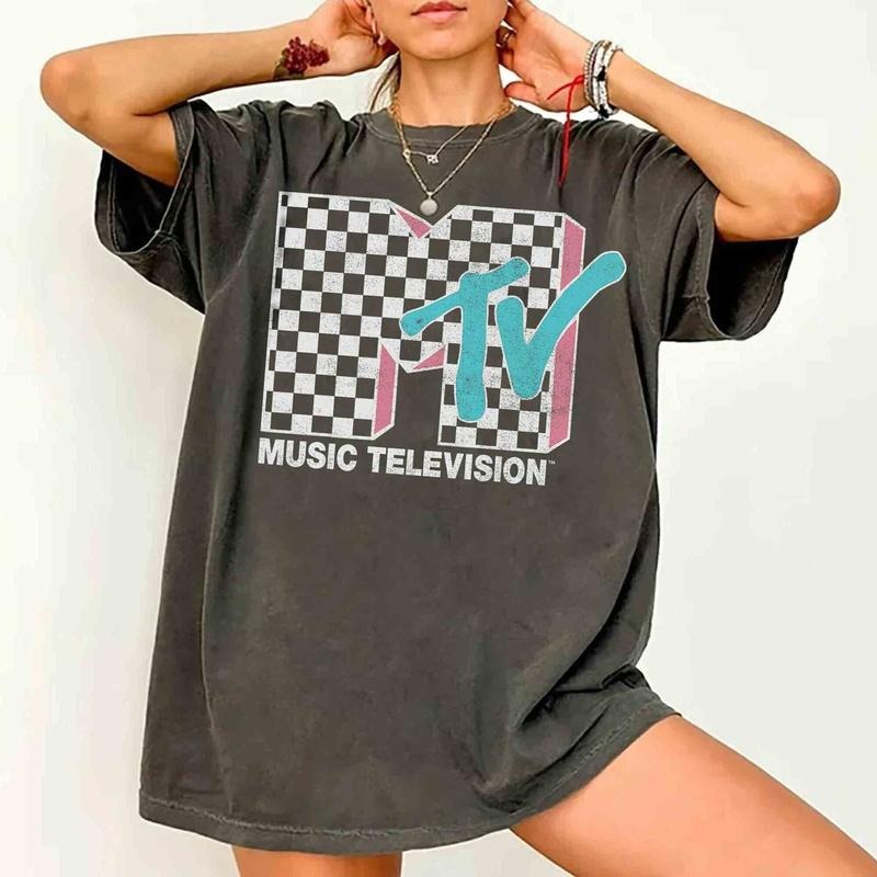 MTV Neon Distressed Checkered Logo Graphic Shirts, Retro 80s & 90s MTV Wash Family Matching Tee, Vintage MTV Birthday Girl Trending Funny Quote Shirt