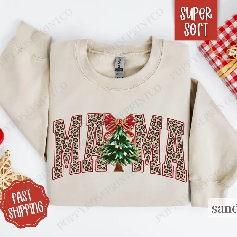Mama Leopad Christmas Sweatshirt, Mom Christmas Crewneck, Womens Holiday Sweater
