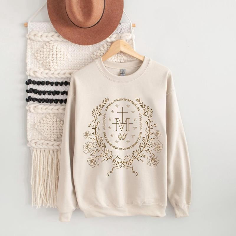 Marian Catholic Sweatshirt, Virgin Mary Hoodie, Catholic Gifts For Women, Catholic Shirt, Marian Cross Shirt, Religious Unisex Soft Crewneck Pullover Long Sleeves Graphic Fabric Sweater