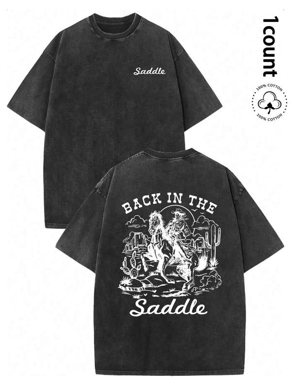 Men's Cowboy & Letter Print Distressed Graphic Tee, Regular Fit Casual Short Sleeve Round Neck T-shirt for Summer, Men's Top for Daily Wear, Tropical