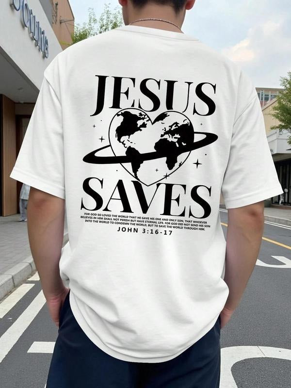 Men's Jesus Saves Letter Print Short Sleeve Graphic Tee, Casual Comfy Round Neck T-shirt for Daily Wear, Men's Top for Summer, Tropical