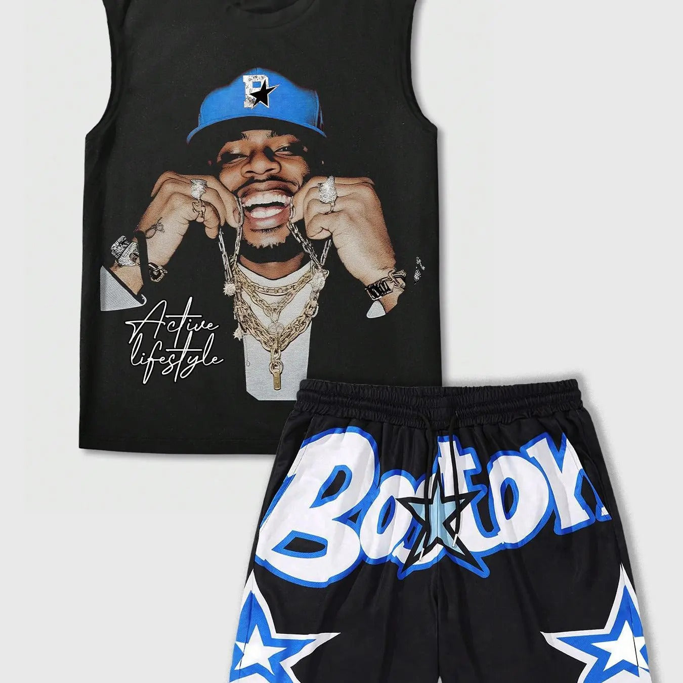 Men's Letter Graphic Tank Top & Drawstring Waist Shorts Set, Regular Fit Sleeveless Round Neck Top & Pocket Shorts, Casual Fashion Cozy Breathable Men Two-piece Outfits for Summer, Clothing