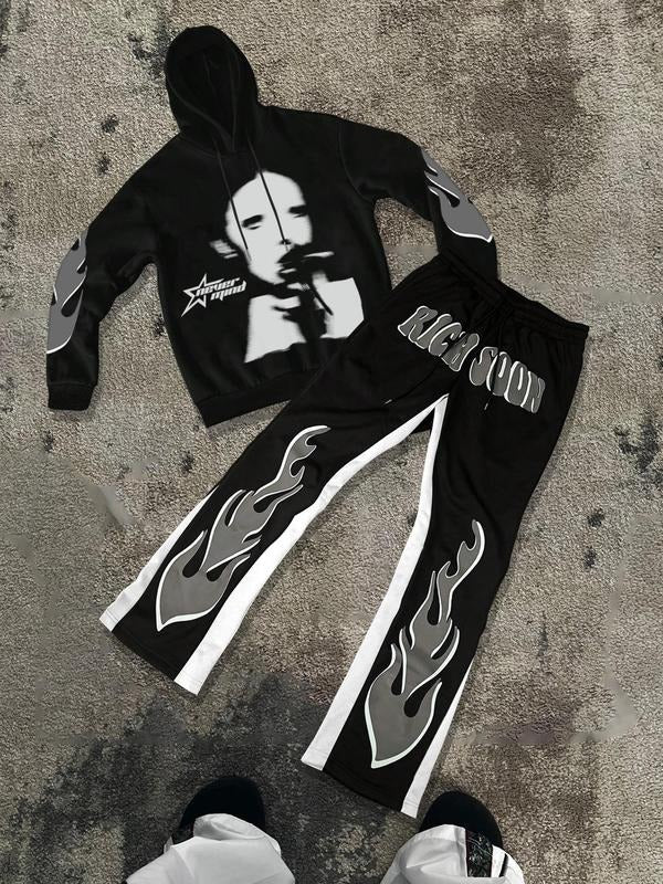 Men's Letter Print Drawstring Hoodie & Sweatpants Set, Regular Fit Casual Long Sleeve Hooded Top & Pocket Jogger Pants, Men's Fall & Winter Clothes, Winter Outfits