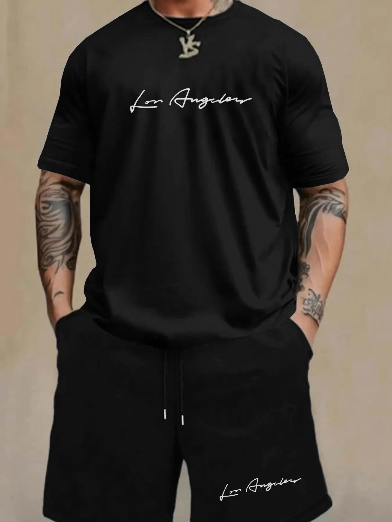 Men's Letter Print Tee & Drawstring Waist Shorts Set, Regular Fit Casual Drop Shoulder Short Sleeve T-shirt & Pocket Track Shorts, Summer Men Clothes Set for Outdoor