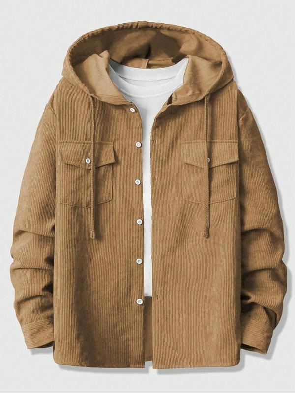 Men's Solid Color Button Front Drawstring Hooded Jacket, Regular Fit Casual Long Sleeve Pocket Outerwear for Daily Wear, Men's Clothes for All Seasons