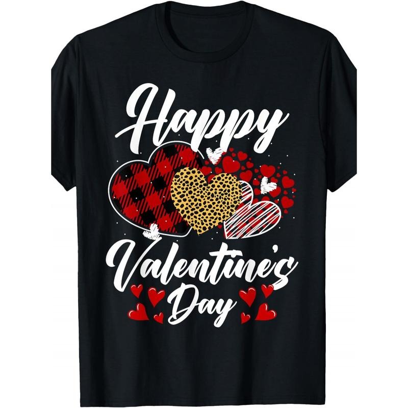 Men's Valentine's Day T-Shirt - Lightweight, Comfy Cotton with Leopard & Plaid Hearts Print, Round Neck Casual Top made in usa