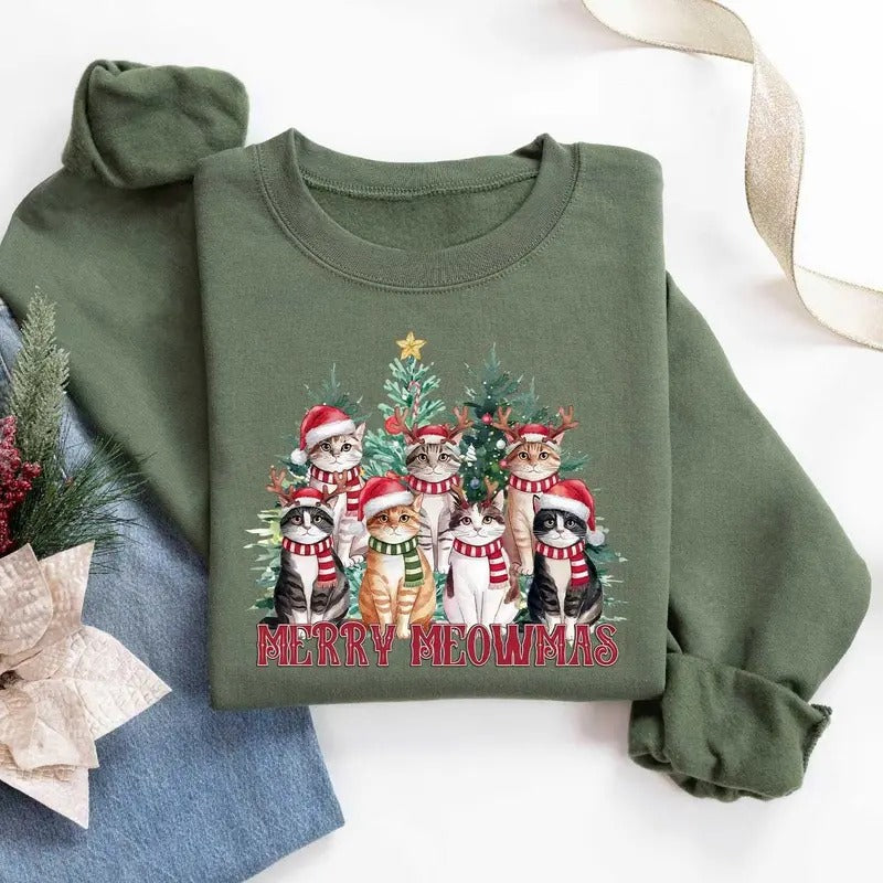Meowy Christmas Cat Sweatshirt, Cat Lover Xmas Crewneck, Funny Christmas Cat Hoodie, Shirt For Cat Lover, Cat Mom Gift