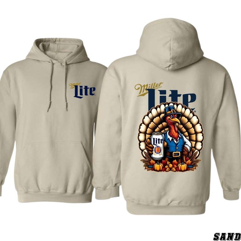Miller Lite Hoodie - Festive Turkey Graphic Holding Miller Lite Can, Perfect for Thanksgiving and Beer Fans, Cozy and Fun Style - Menswear, Tops
