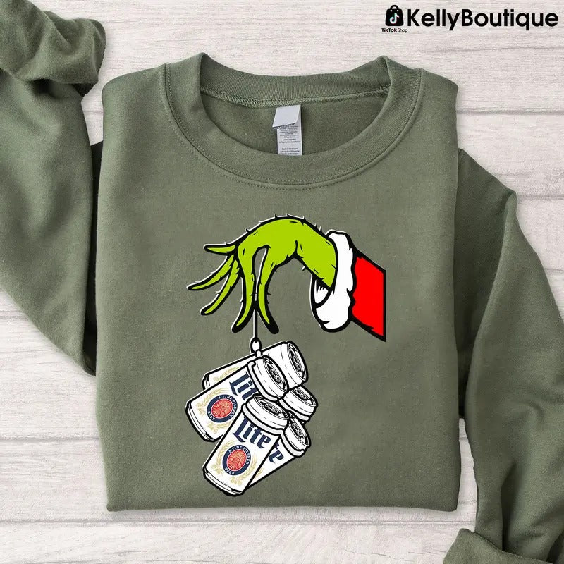 Miller Lite The Grin Hand Holding Lite Beer Cans Green Guy Christmas Season Graphic Printed Unisex Classic Cotton Crewneck Sweatshirt
